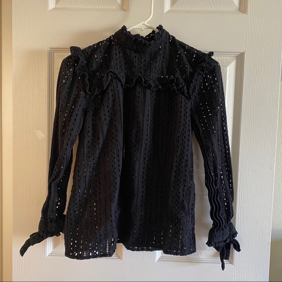 Madewell Eyelet Mock Neck Black Blouse - Picture 2 of 6